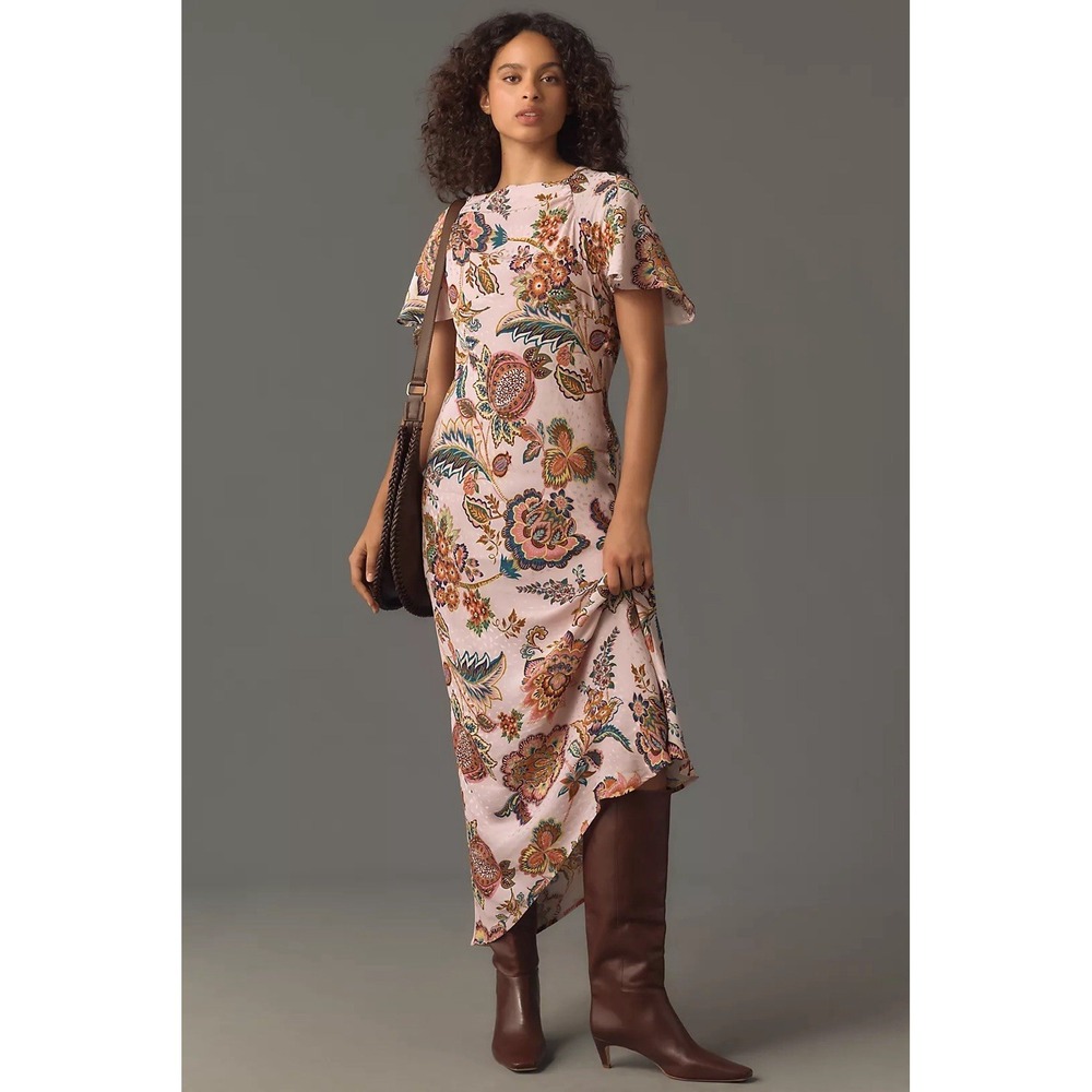 ANTHROPOLOGIE KACHEL Flutter Sleeve Bow Back Maxi Slip Dress Size 10 Pink Floral
